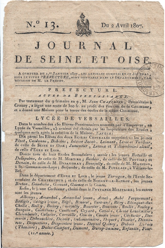 Napoléon nomme 150 Elèves-Pensionnaires en lycée Hoche en avril 1807